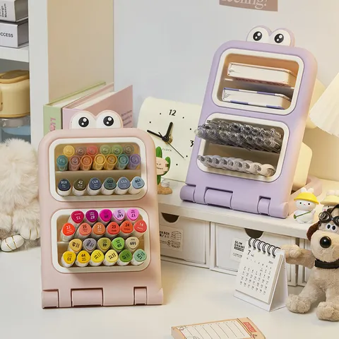 Cartoon Frog Eyes Desktop Stationery Storage Box Foldable Plastic Pen Holder Makeup Brush Organizer For Student Office Home