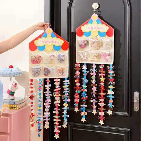 Organisateur d'accessoires de cheveux pour enfants Mural feutre Maison d'étoile de cirque Porte pince à cheveux Sac en filet Filles