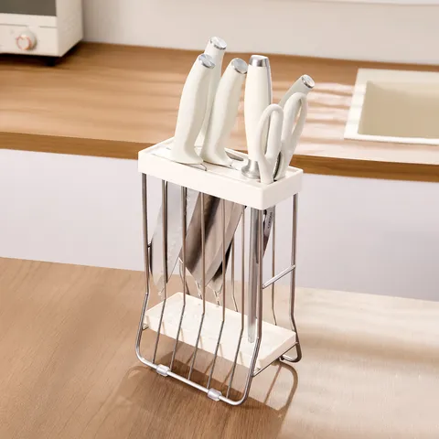 Stainless Steel Knife Holder Kitchen Countertop Storage Rack Multi-Functional Organizer With Drain Tray Modern Style
