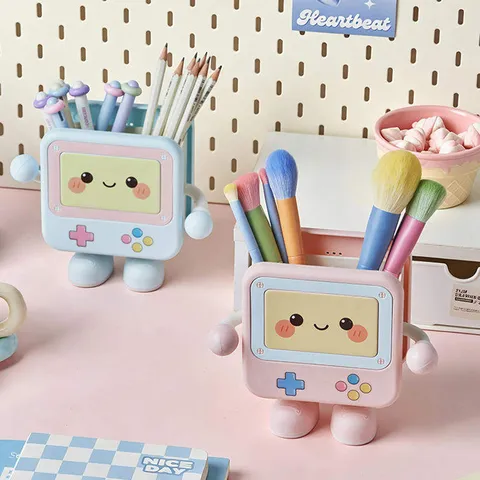 Cartoon Game Machine Pen Holder Cute Desktop Storage Box Multi-grid Stationery Organizer Makeup Brush Storage Students