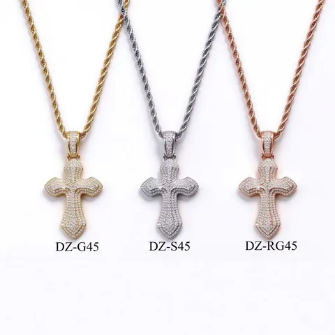 Collana con Ciondolo a Croce Iced Out in Ottone con Zirconia Gioielli Hip Hop da Uomo Oro Argento Oro Rosa Ciondolo a Croce con Zirconia Pavé con Catena a Corda