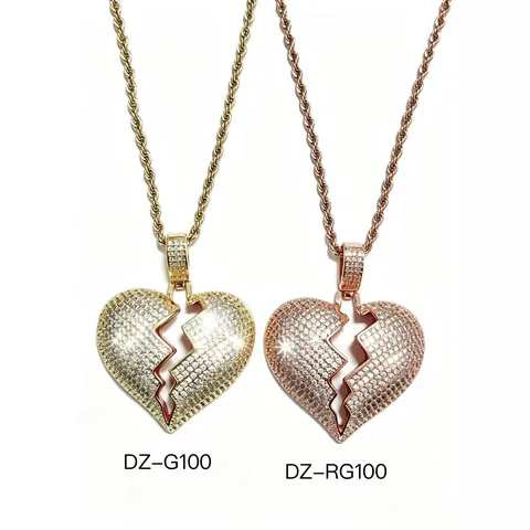 Hip Hop Gebroken Hart Hanger Halsketting Voor Mannen Vrouwen Koper Verguld Zirconia Iced Out Hart Hanger Met Touwketting Sieraden