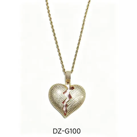 Hip Hop Gebroken Hart Hanger Halsketting Voor Mannen Vrouwen Koper Verguld Zirconia Iced Out Hart Hanger Met Touwketting Sieraden