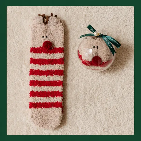 Calcetines de Dormir Cálidos de Vellón de Coral de Navidad para Mujeres Hombres Bordado Santa Reno Muñeco de Nieve Calcalcetines de Suelo en Caja de Regalo de Bola de Acrílico