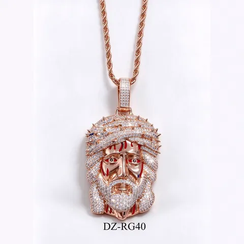 Collana con Pendente a Forma di Testa di Gesù Hip Hop per Uomo Rame Zirconia Intarsiato Gocciolamento d'Olio Gioielli di Moda Streetwear