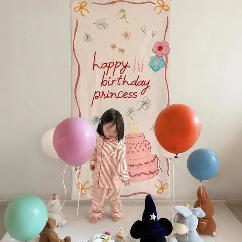 Happy Birthday Backdrop Banner Forest Style Girl Pink Cake Pattern Party Background Cloth With Foil Balloons For Decoration