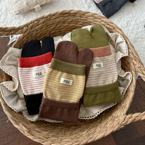 Unisex Cotton Split Toe Tabi Socks Striped Contrast Color Mid Tube Crew Socks With Egg Cloth Label Retro Fashion Breathable Socks