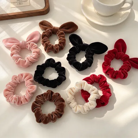 Chouchou à Nœud en Velours Doux Oreilles de Lapin Mignon Élastiques à Cheveux Souples Accessoires de Coiffure pour Filles Femmes