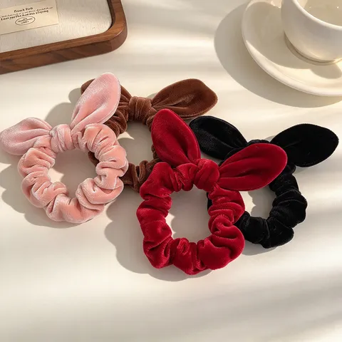 Chouchou à Nœud en Velours Doux Oreilles de Lapin Mignon Élastiques à Cheveux Souples Accessoires de Coiffure pour Filles Femmes