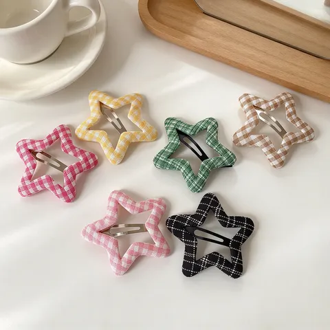 Women Sweet Plaid Star BB Hair Clips Fabric Covered Metal Geometric Barrette Daily School Hair Accessories For Girls