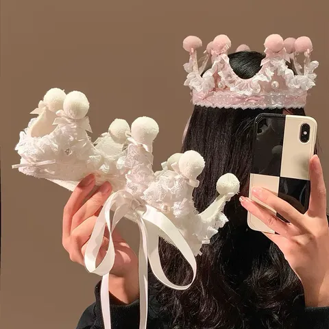 Princesa Encaje Perla Artificial Lazo Cinta Sombrero De Cumpleaños Corona Atmósfera Dulce Accesorios De Fotografía Tocado De Fiesta Para Niñas Mujeres