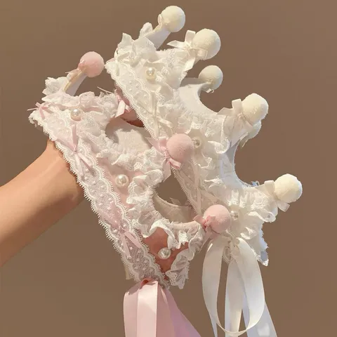 Princesa Encaje Perla Artificial Lazo Cinta Sombrero De Cumpleaños Corona Atmósfera Dulce Accesorios De Fotografía Tocado De Fiesta Para Niñas Mujeres