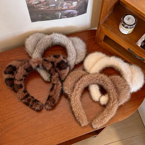 Diadema de Orejas de Oso Linda de Pelo de Visón Sintético Banda para el Cabello de Felpa Suave y Gruesa para Mujer Lavado de Cara Otoño Invierno