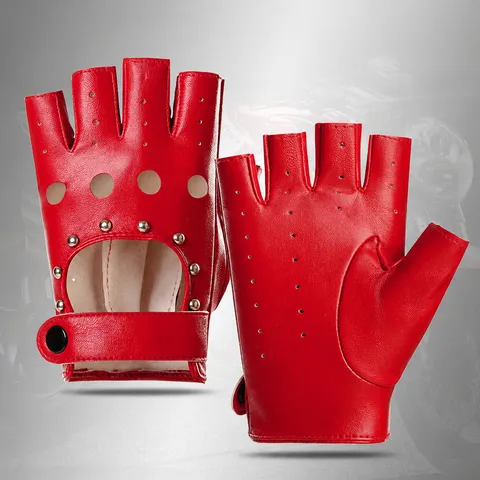 Punk Klinknagels Vingerloze PU Leren Handschoenen Voor Dames Heren Fietsen Rijden Podium Strass Gesp Holle Motor Handschoenen