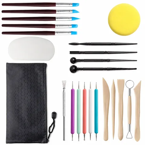 23 PCS Pottery Clay Sculpting Tools Set With Silicone Indentation Pens Ball Stylus Dotting Tools Wooden Modeling Carving Knives And Storage Bag For Ceramics Fondant Craft