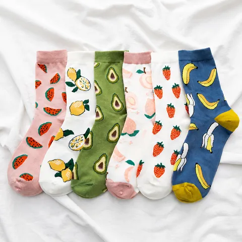 Damen Casual Baumwollmischung Mittelhohe Socken Süßes Fruchtmuster Druck Atmungsaktive Socken Wassermelone Avocado Zitrone Pfirsich Erdbeere Banane