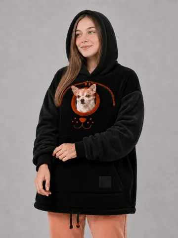 Unisex Pet Carrier Hoodie Flannel Oversized Sweatshirt With Dog Cat Pouch Kangaroo Pocket Embroidered Long Sleeve Casual Pullover Top