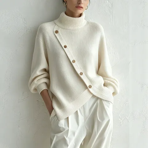 Damen Hoher Kragen Strickpullover Locker Casual Langarm Pullover Mit Asymmetrischen Knöpfen Eleganter Jumper Mit Schlitz