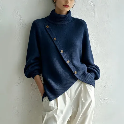 Damen Hoher Kragen Strickpullover Locker Casual Langarm Pullover Mit Asymmetrischen Knöpfen Eleganter Jumper Mit Schlitz