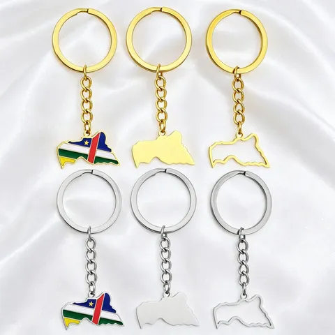 Vintage Stainless Steel Central African Republic Map Keychain Gold Silver Enamel Flag Bag Pendant Retro Geographic Jewelry For Men Women