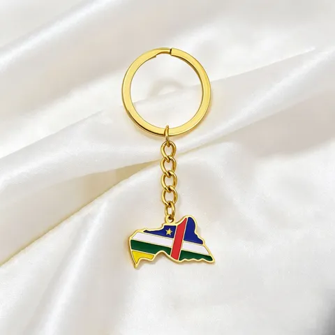 Vintage Stainless Steel Central African Republic Map Keychain Gold Silver Enamel Flag Bag Pendant Retro Geographic Jewelry For Men Women