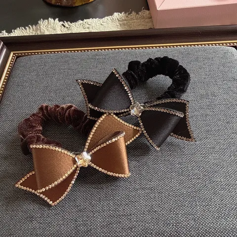 Elegant Velvet Bow Rhinestone Hair Tie High Elastic Rubber Band Ribbon Hair Ring Fashion Headwear For Women Girls Styling Accessories