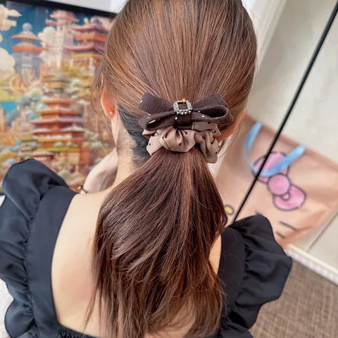 Chouchou Rétro à Nœud et Strass pour Femmes Élégant Élastique en Tissu avec Motif à Pois Accessoires Cheveux Mode pour Queue de Cheval