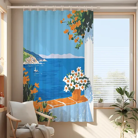 Oil Painting Seascape Landscape Blackout Curtains For Bedroom Bay Window Illustration Style Polyester Window Drapes With Hooks Tiebacks