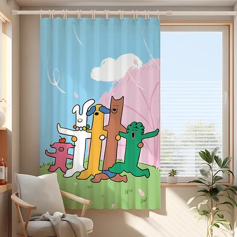Cartoon Plant Pattern Blackout Curtain For Bedroom Bay Window No-Drill Polyester Fabric Curtains With Telescopic Rod And Ties