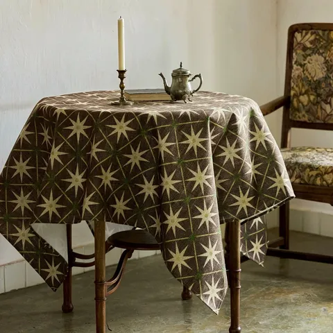 Nappe Imperméable en Coton et Lin Style Vintage Français Motif Étoile Housse de Table Ronde Pour Table Basse Salle à Manger Décoration Maison