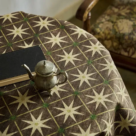 Nappe Imperméable en Coton et Lin Style Vintage Français Motif Étoile Housse de Table Ronde Pour Table Basse Salle à Manger Décoration Maison
