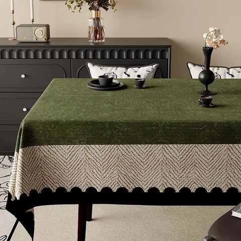 Vintage French Cotton Linen Waterproof Tablecloth Luxury Scalloped Edge Heat Resistant Stain Proof Rectangular Cover For Dining Coffee Table