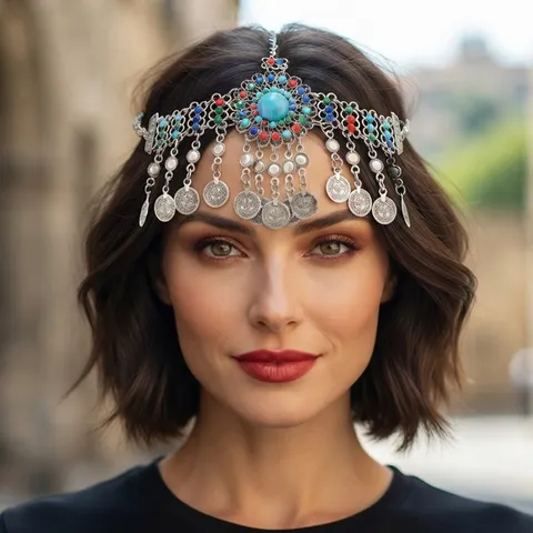 Chaîne de Front Style Ethnique Bohème avec Gland de Pièce Rétro Gitan Kazakh Danse Exotique Performance Chaîne de Tête Bijoux en Strass pour Femmes