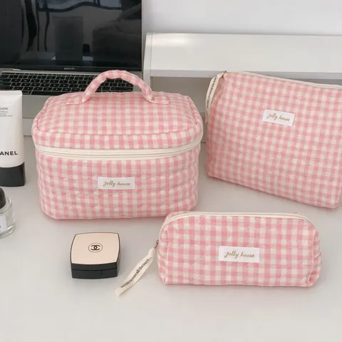 Women Quilted Cotton Gingham Makeup Bag Heart Pattern Large Capacity Portable Toiletry Storage Pouch Cosmetic Bag For Travel Daily