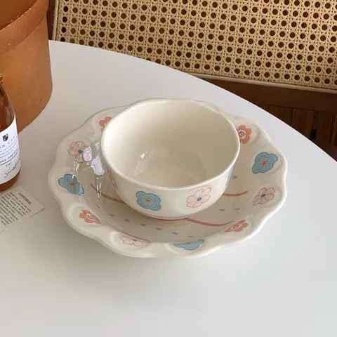 Plato de Cerámica Floral Bol Borde Ondulado Bajo Cubierta Pintado a Mano Plato para Postre Desayuno Fruta Vajilla Hogar
