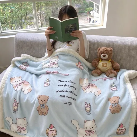 Cartoon Thickened Sherpa Fleece Shawl Blanket For Office Nap Sofa Warm Milk Velvet Printed Plush Throw Blanket For Winter