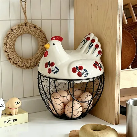 Creative Farmhouse Ceramic Hen Egg Storage Basket Vintage Iron Mesh Chicken Shape Kitchen Decorative Basket White Cherry Pattern