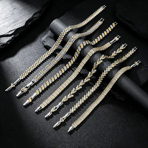 Vintage Two-Tone Copper Gold Plated Zirconia Bracelet For Women Men Minimalist Pave Chevron Geometric Chain Link Fashion Jewelry Gift