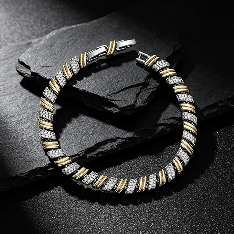 Vintage Two-Tone Copper Gold Plated Zirconia Bracelet For Women Men Minimalist Pave Chevron Geometric Chain Link Fashion Jewelry Gift