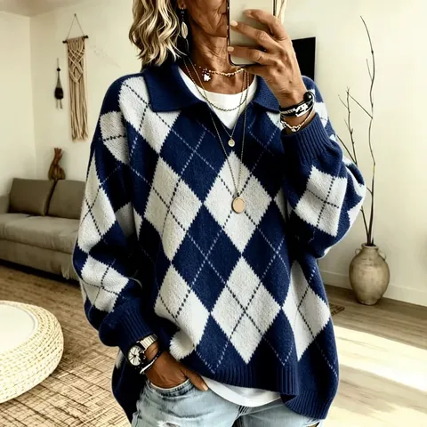 Maglione da Donna Lavorato a Maglia a Quadri Argyle Scollo a V Polo Colletto Manica Lunga Pullover Autunno Inverno Casual Top