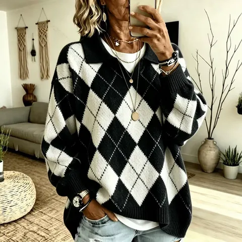 Maglione da Donna Lavorato a Maglia a Quadri Argyle Scollo a V Polo Colletto Manica Lunga Pullover Autunno Inverno Casual Top
