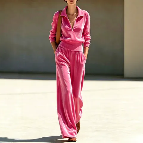 Completo Donna Retrò Semplice Top Pullover con Mezza Zip e Pantaloni a Gamba Larga Tinta Unita Autunno Inverno Casual in Poliestere