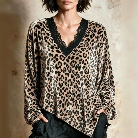 Women Vintage Leopard Print Velvet Top Lace V-Neck Patchwork Long Sleeve Asymmetrical Hem Fall Winter Pullover Blouse