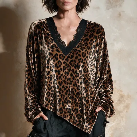 Women Vintage Leopard Print Velvet Top Lace V-Neck Patchwork Long Sleeve Asymmetrical Hem Fall Winter Pullover Blouse