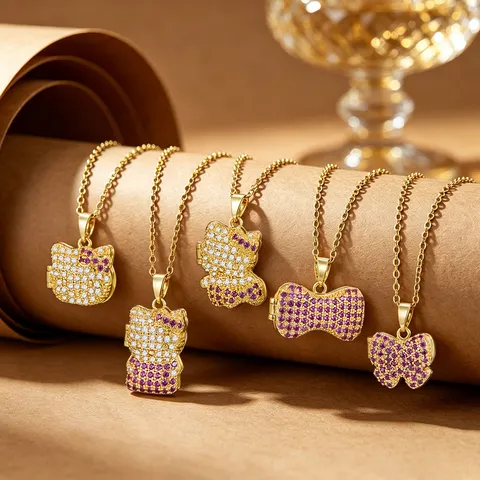 Fashion 18K Gold Plated Zirconia Bear Cat Bowtie Pendant Necklace Stainless Steel Copper Chain Niche Design Jewelry For Women