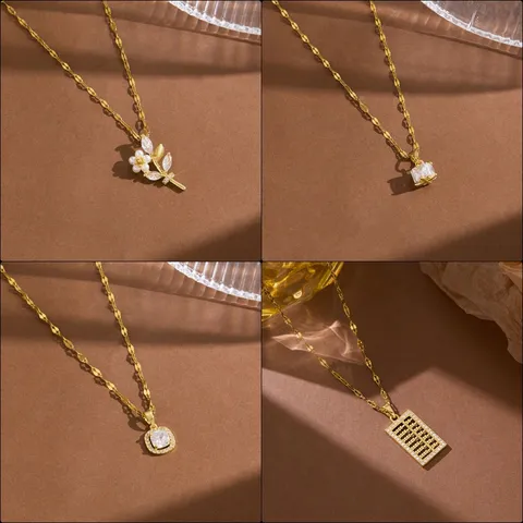 Stainless Steel Zirconia Pendant Necklace For Women Gold Plated Heart Swan Rabbit Cross Bag Bamboo Fashion Niche Jewelry Gift