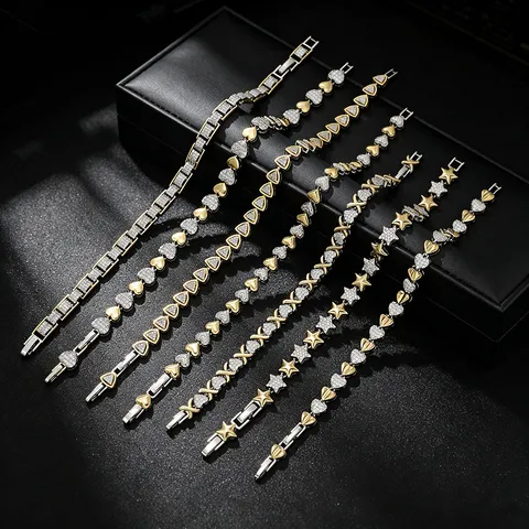 Women Fashion Gold Plated Copper Zirconia Bracelet Two-Tone Heart Star Geometric Tennis Chain Bracelet Jewelry