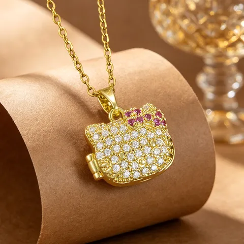 Fashion 18K Gold Plated Zirconia Bear Cat Bowtie Pendant Necklace Stainless Steel Copper Chain Niche Design Jewelry For Women