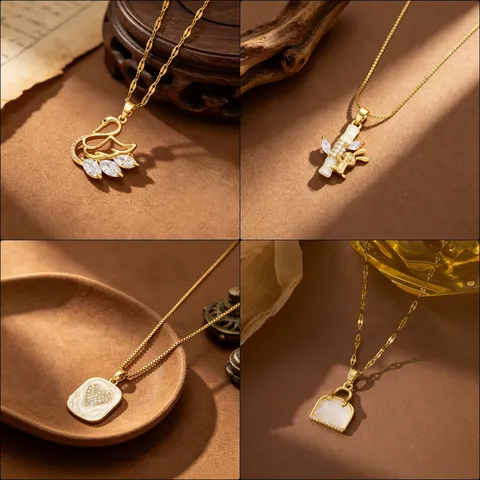Stainless Steel Zirconia Pendant Necklace For Women Gold Plated Heart Swan Rabbit Cross Bag Bamboo Fashion Niche Jewelry Gift