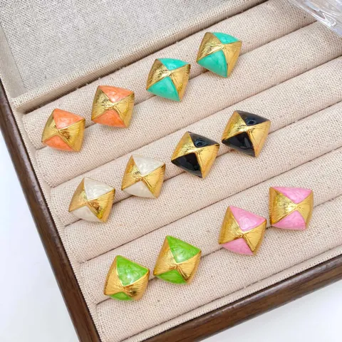 Vintage French Style Geometric Square Stud Earrings Stainless Steel Enamel Oil Drip Colorful Candy Color Earrings For Women